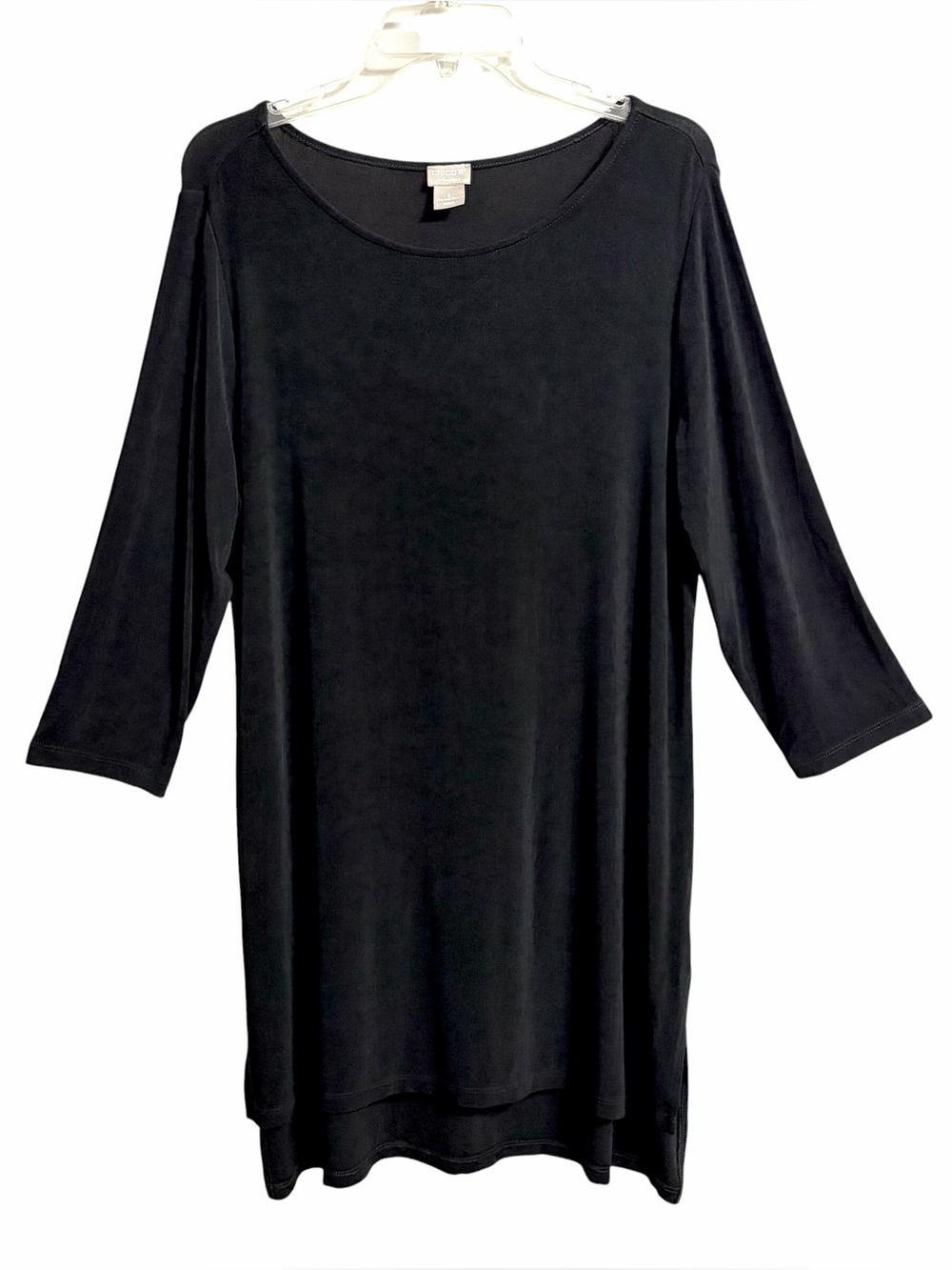 Chico's Travelers Jersey Tunic Top Womens L 12 Black High Low Stretch Resortwear